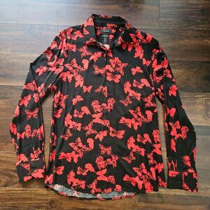 Porter & Ash Button Up Shirt Black Red Butterfly Print Men's S